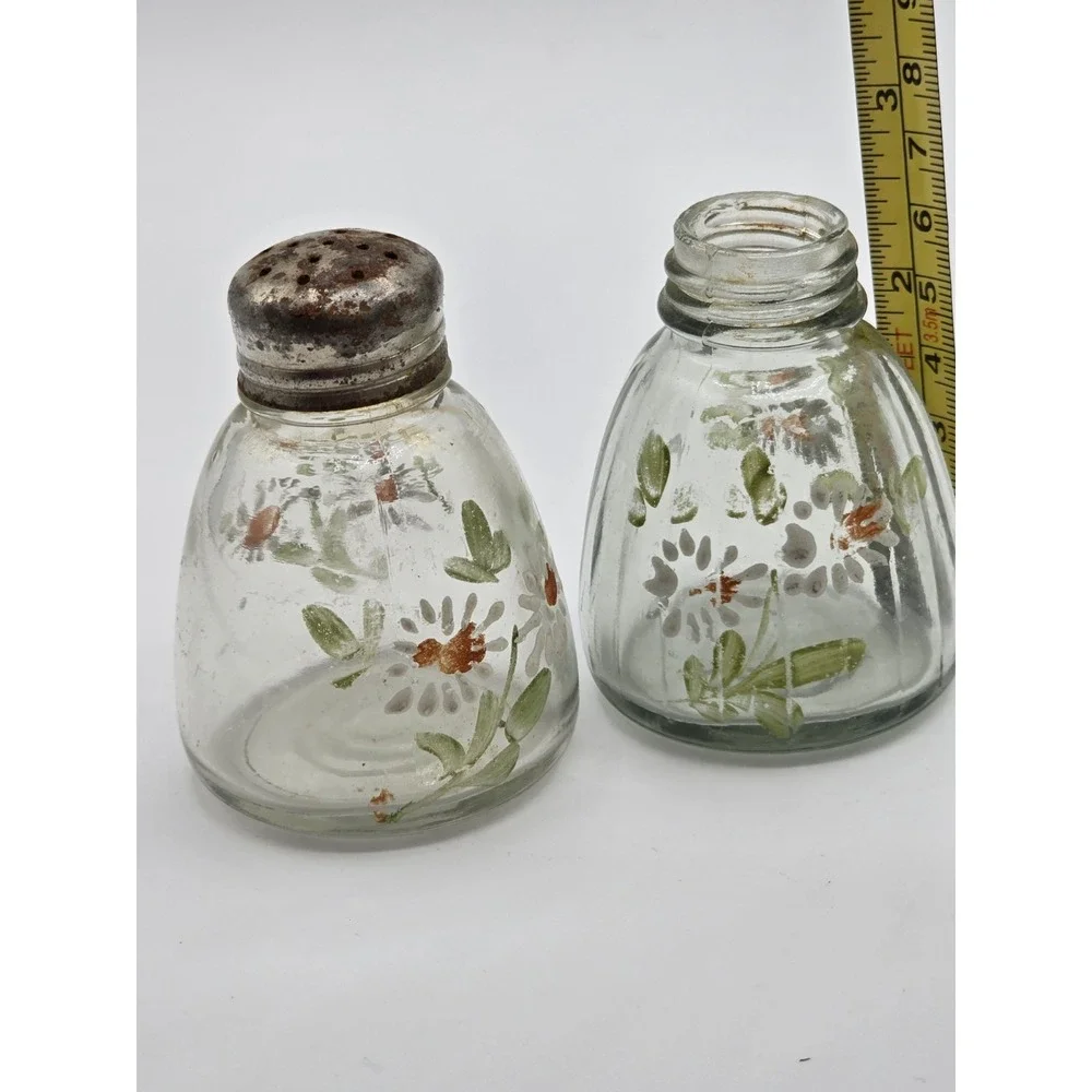 Vintage Hand Painted Daisy Floral Glass salt &‎ pepper shakers